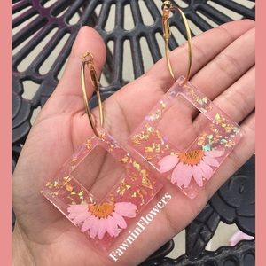 Pressed Pink Daisy Flower Hoop Earrings